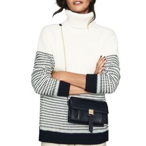 Reiss Cream and Navy Wool Blend Long Sleeve Knit Turtleneck Pullover Sweater L